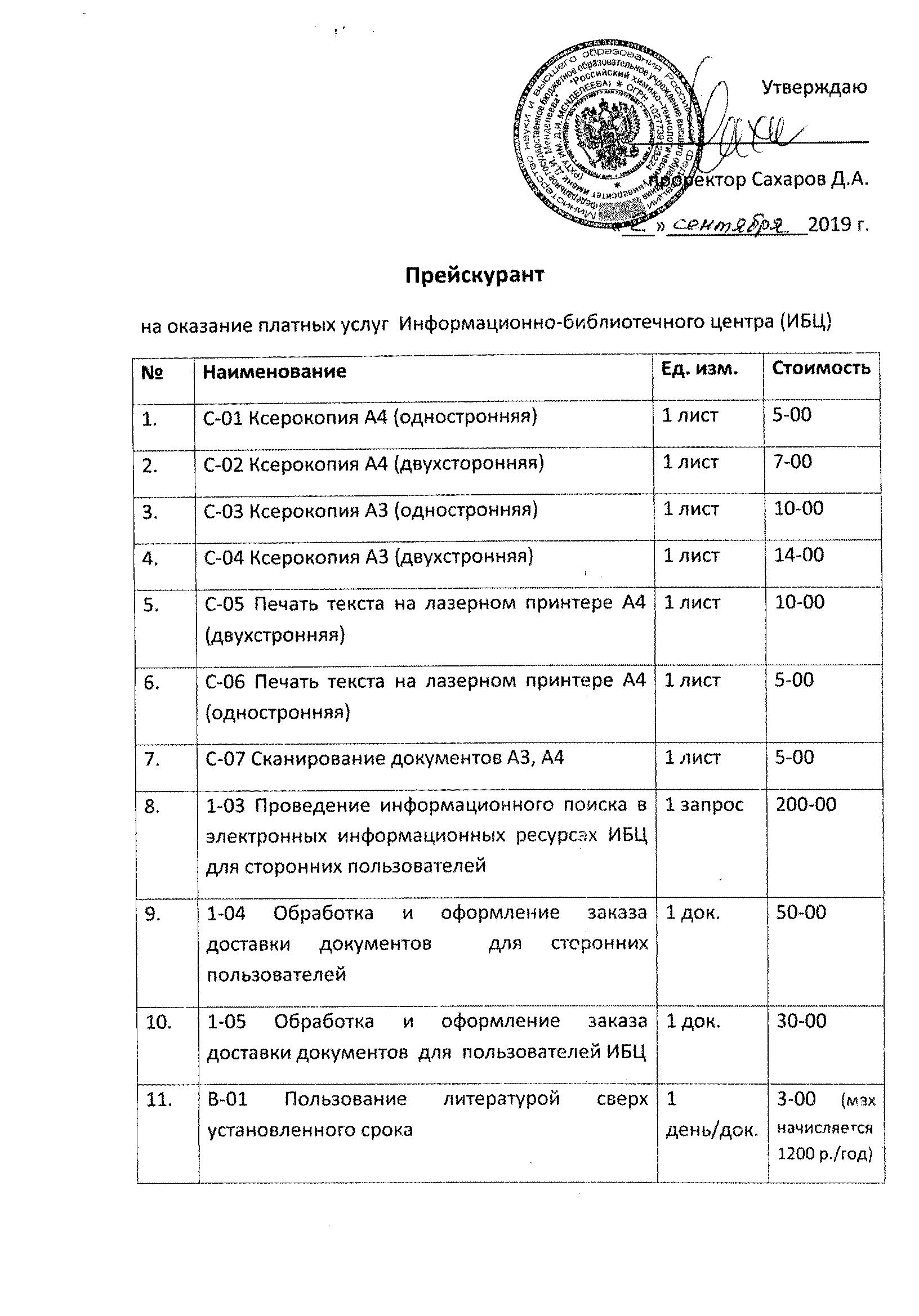 Прейскурант платных услуг ИБЦ (с 02.09.2019 г.)
